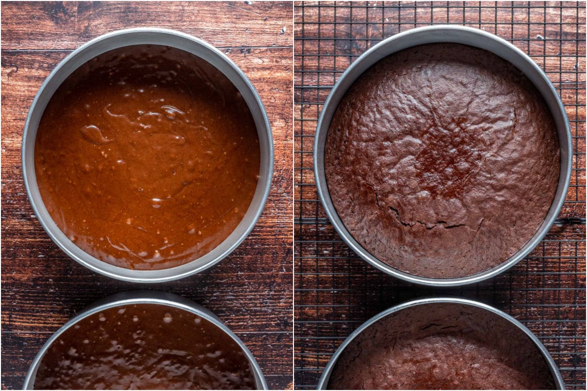 Chocolate cake in cake pans before and after baking.