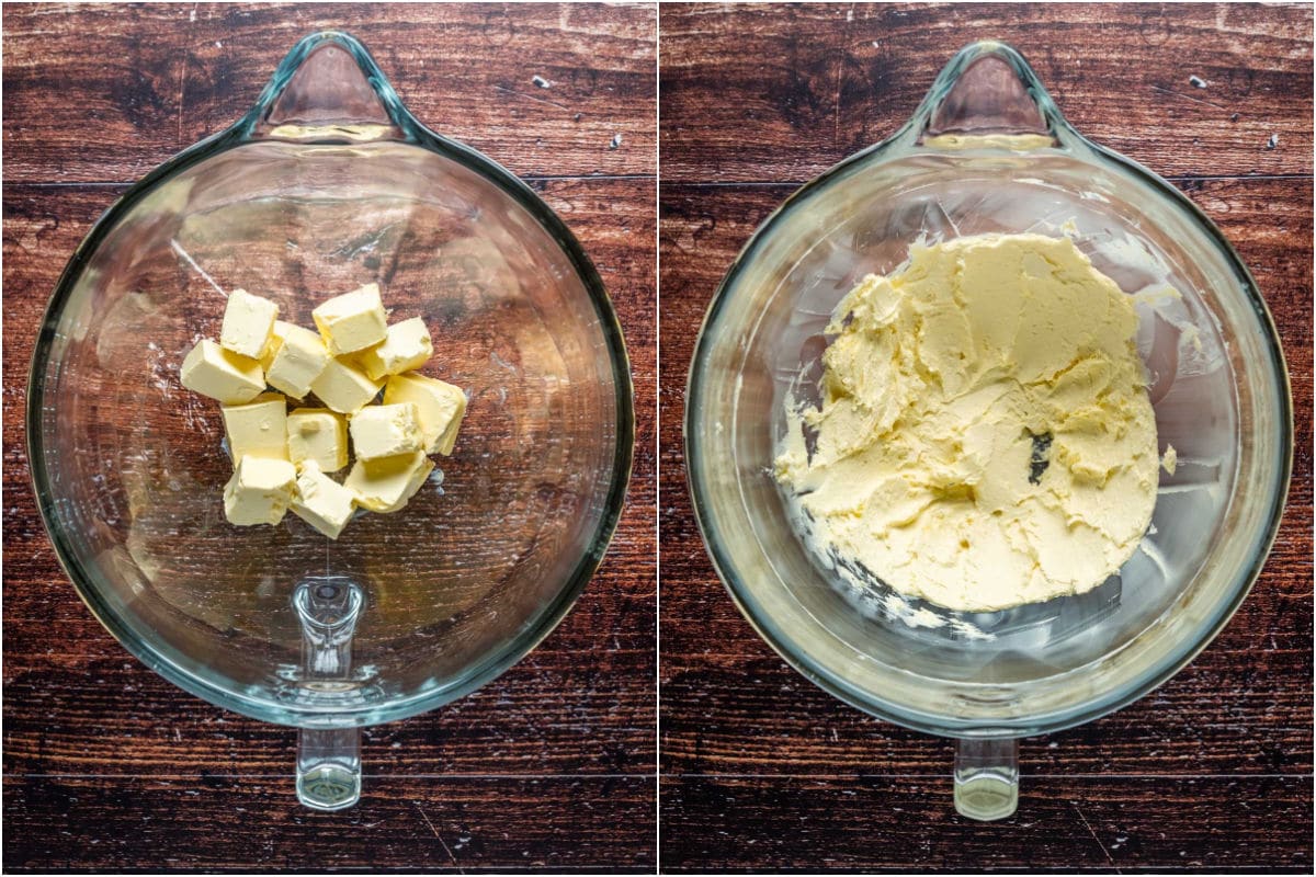 Vegan butter added to stand mixer and beaten.