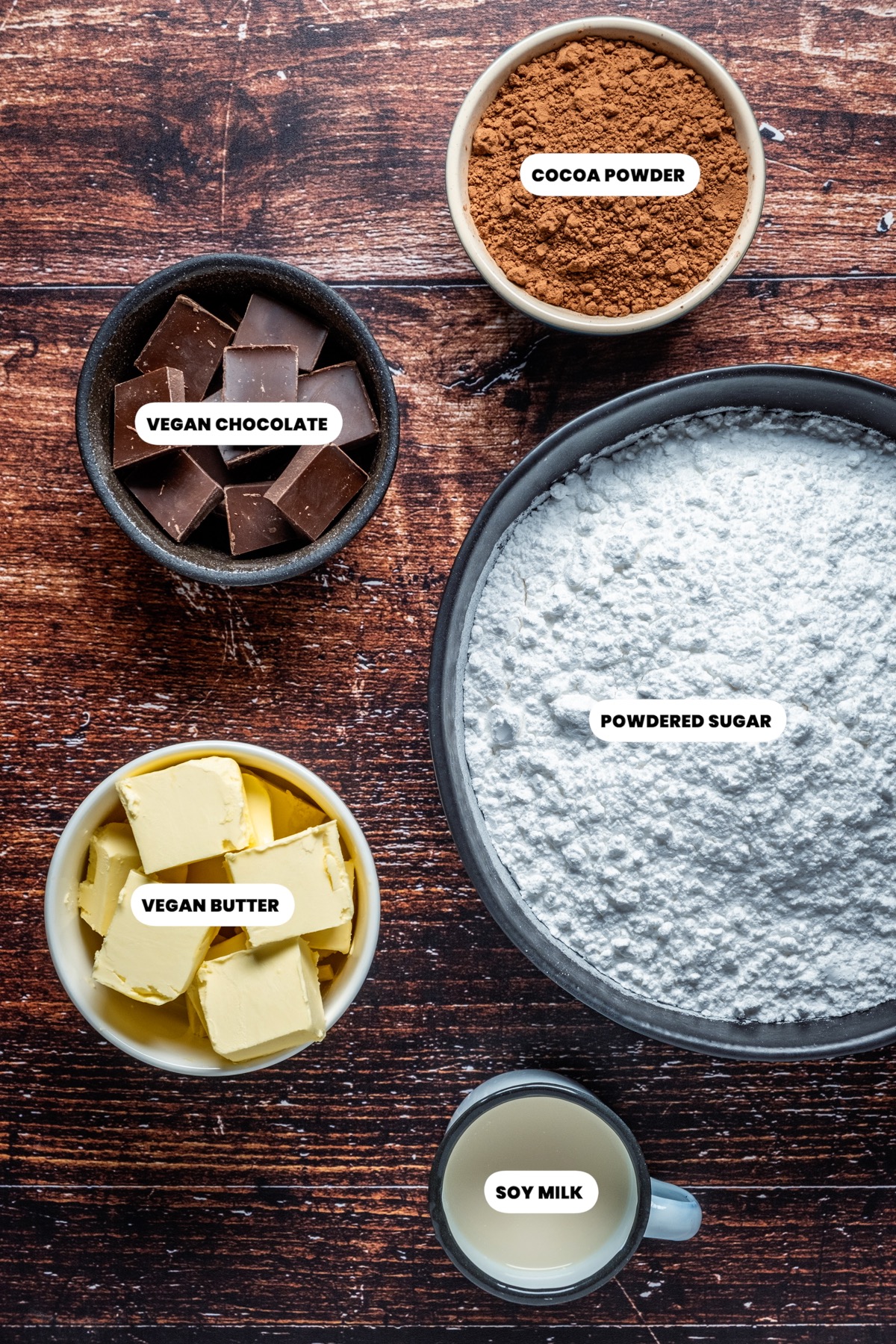 Ingredients for vegan chocolate fudge frosting.