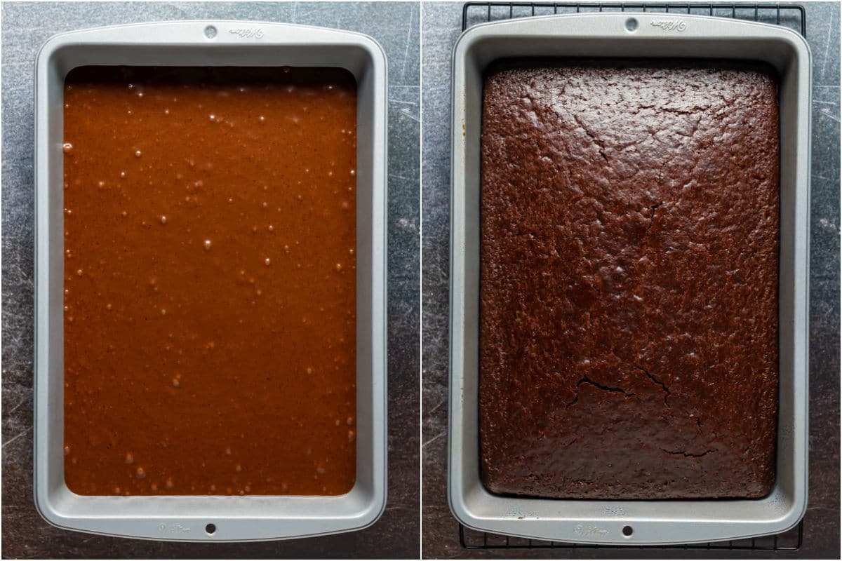 Two photo collage showing cake batter in a 9x13 baking dish and then baked.