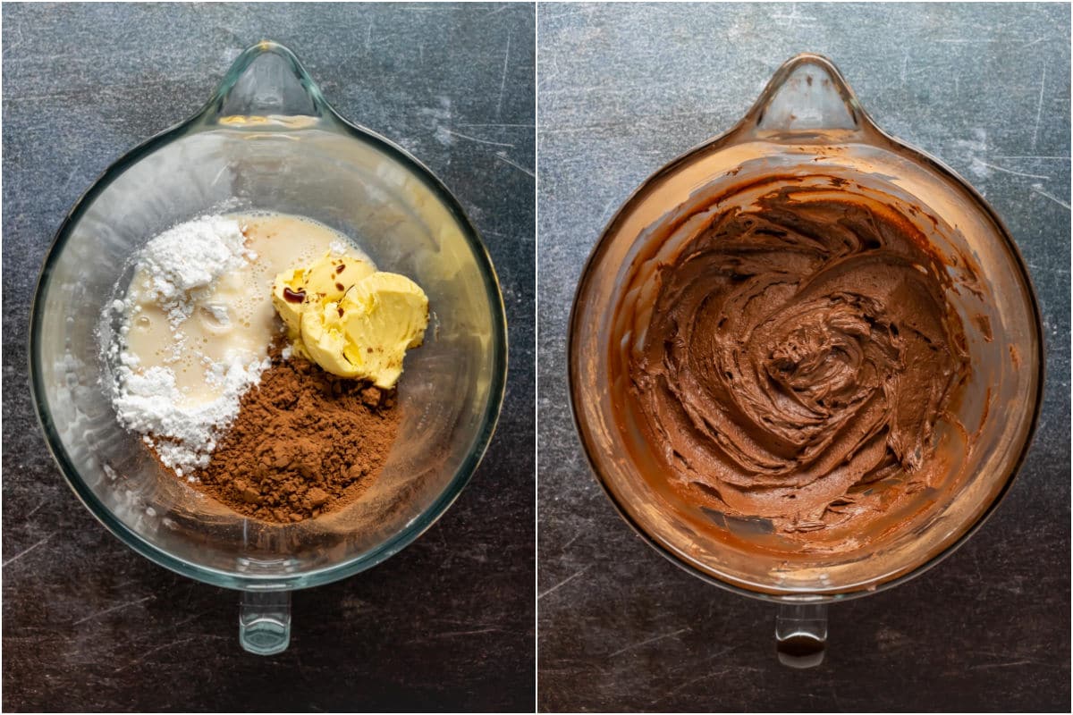Two photo collage showing ingredients for frosting added to stand mixer and mixed.