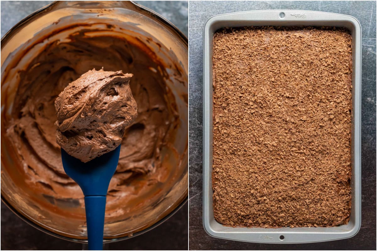 Two photo collage showing chocolate frosting and then the frosted and decorated sheet cake. 