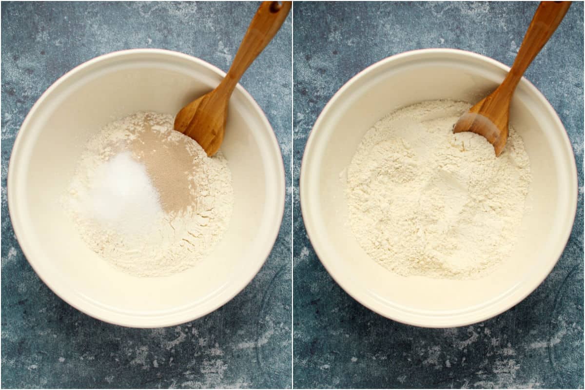Two photo collage showing dry ingredients for dough added to mixing bowl and mixed together. 