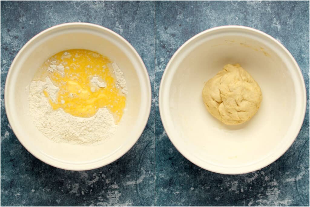 Two photo collage showing wet ingredients for dough added to mixing bowl and mixed into a dough.