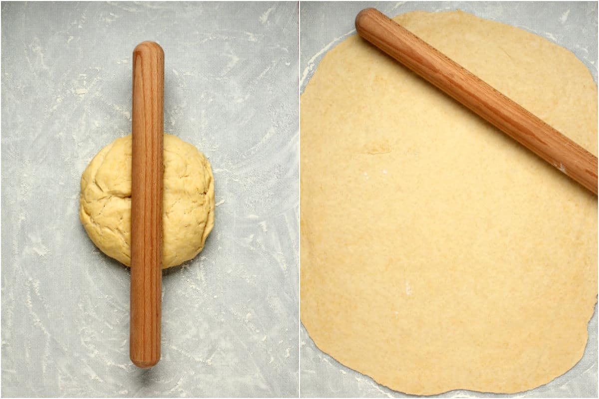 Two photo collage showing rolling out the dough.