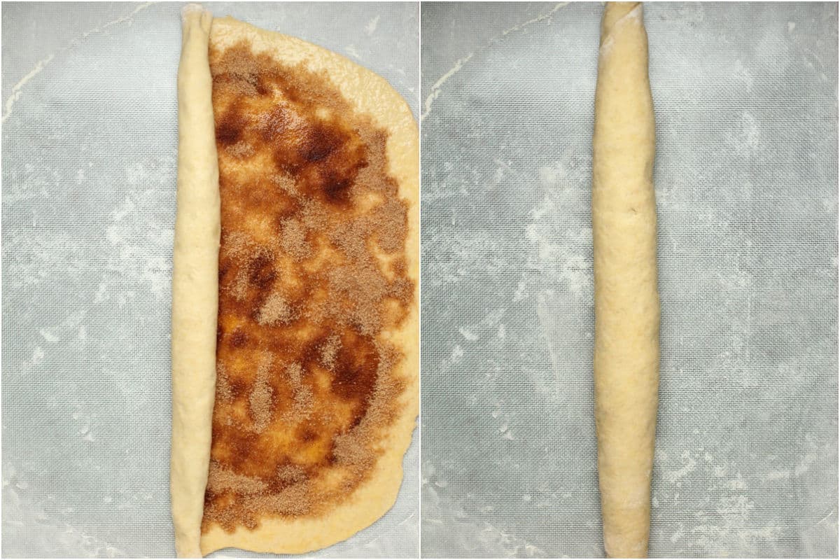 Two photo collage showing rolling up the dough.