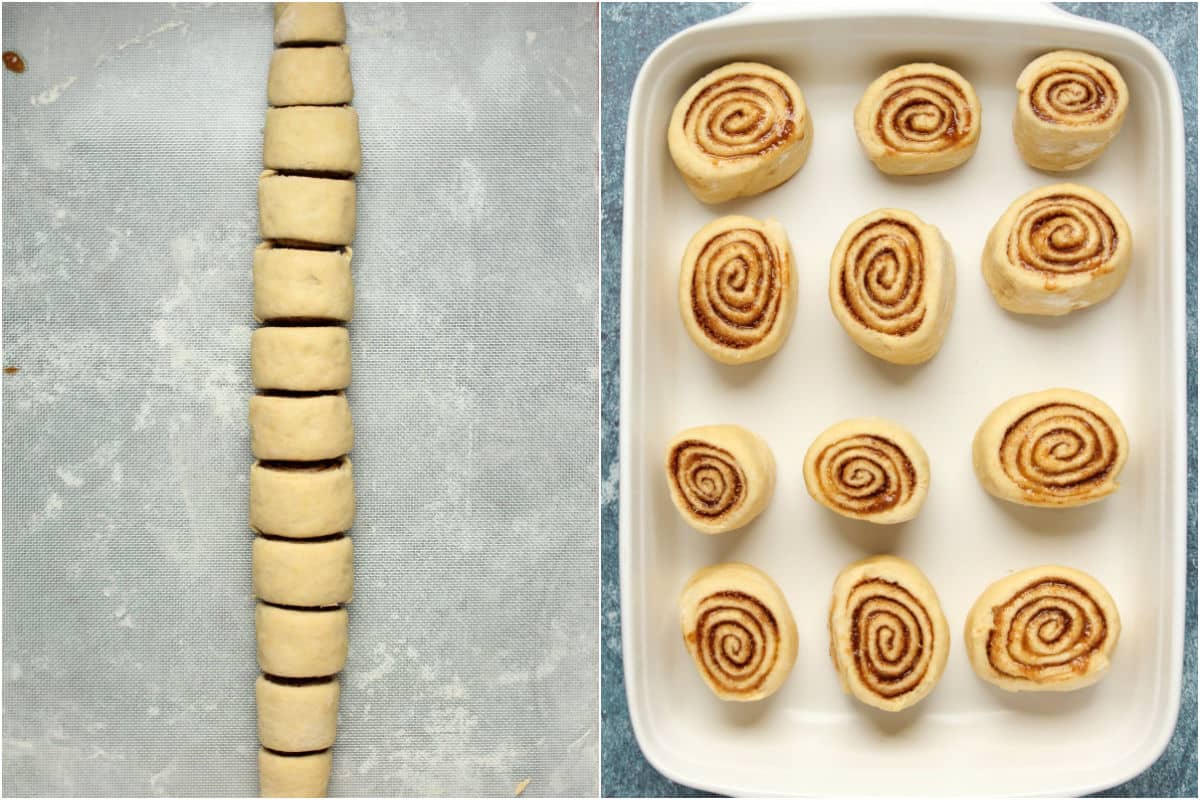 Two photo collage showing cutting the dough into rolls and the rolls in a white baking dish.