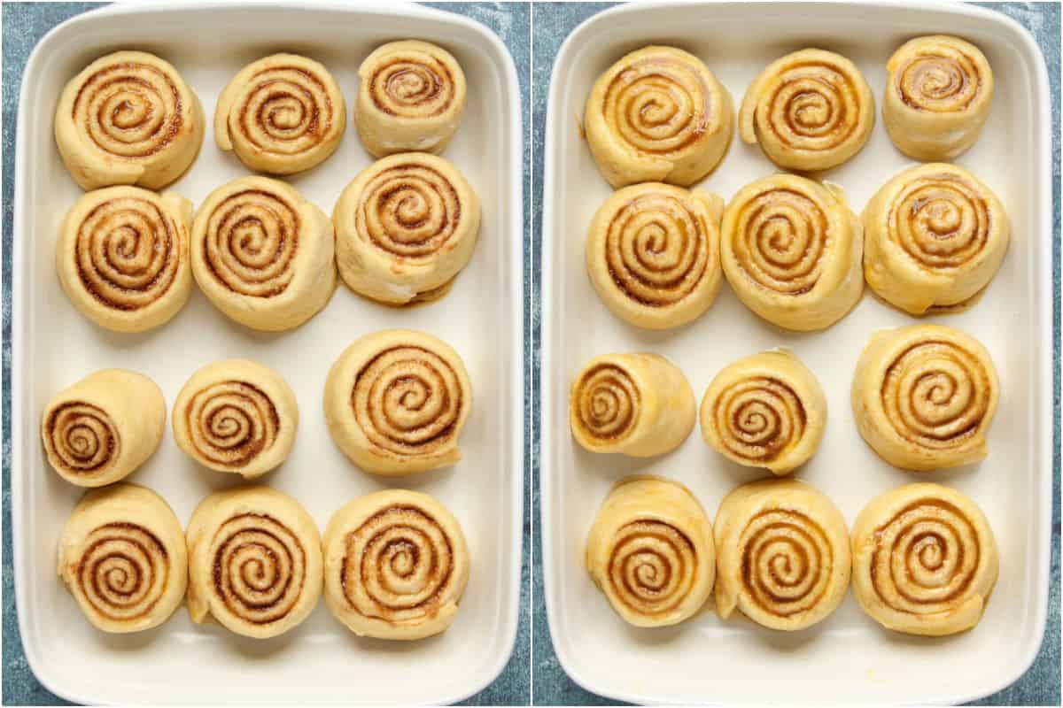Two photo collage showing the risen rolls in the white baking dish and then brushed with melted butter.