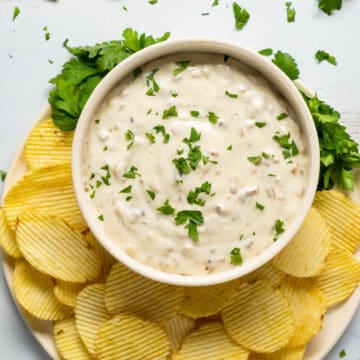 Vegan French onion dip in a bowl with fresh parsley.
