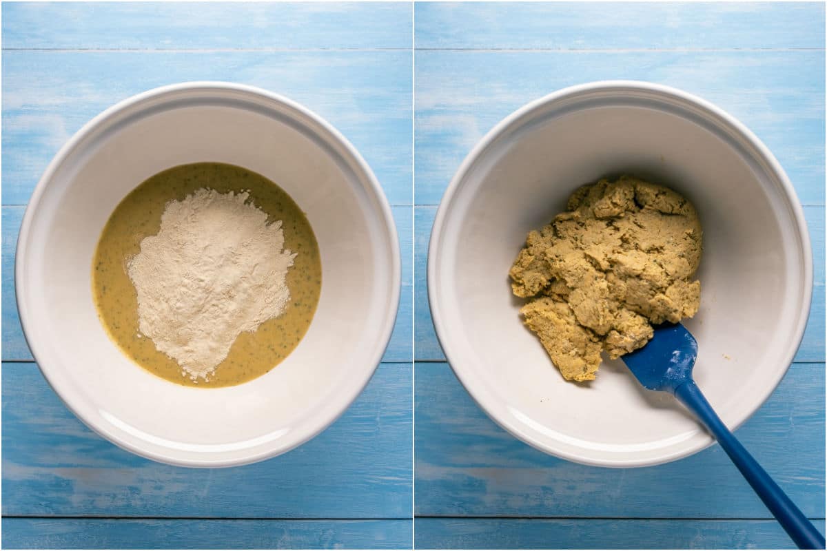 Two photo collage showing wet ingredients in a bowl topped with vital wheat gluten and mixed into a dough.