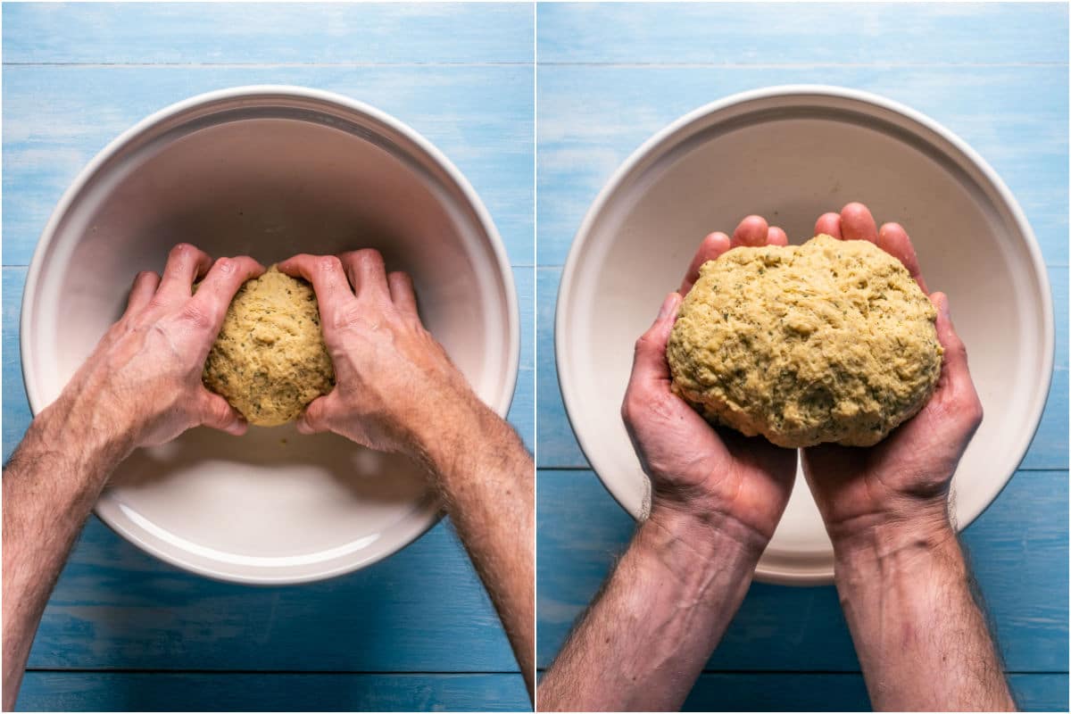 Two photo collage showing kneading the dough and forming it into a loaf shape.