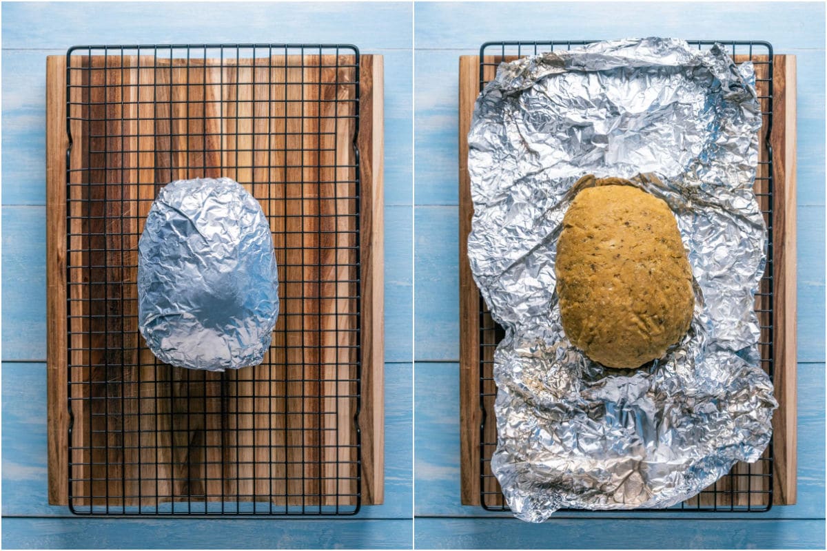 Two photo collage showing seitan loaf unwrapped from foil.