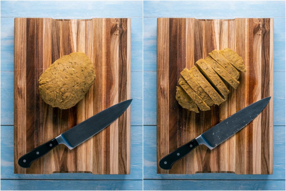Two photo collage showing seitan loaf on a wooden cutting board and sliced.