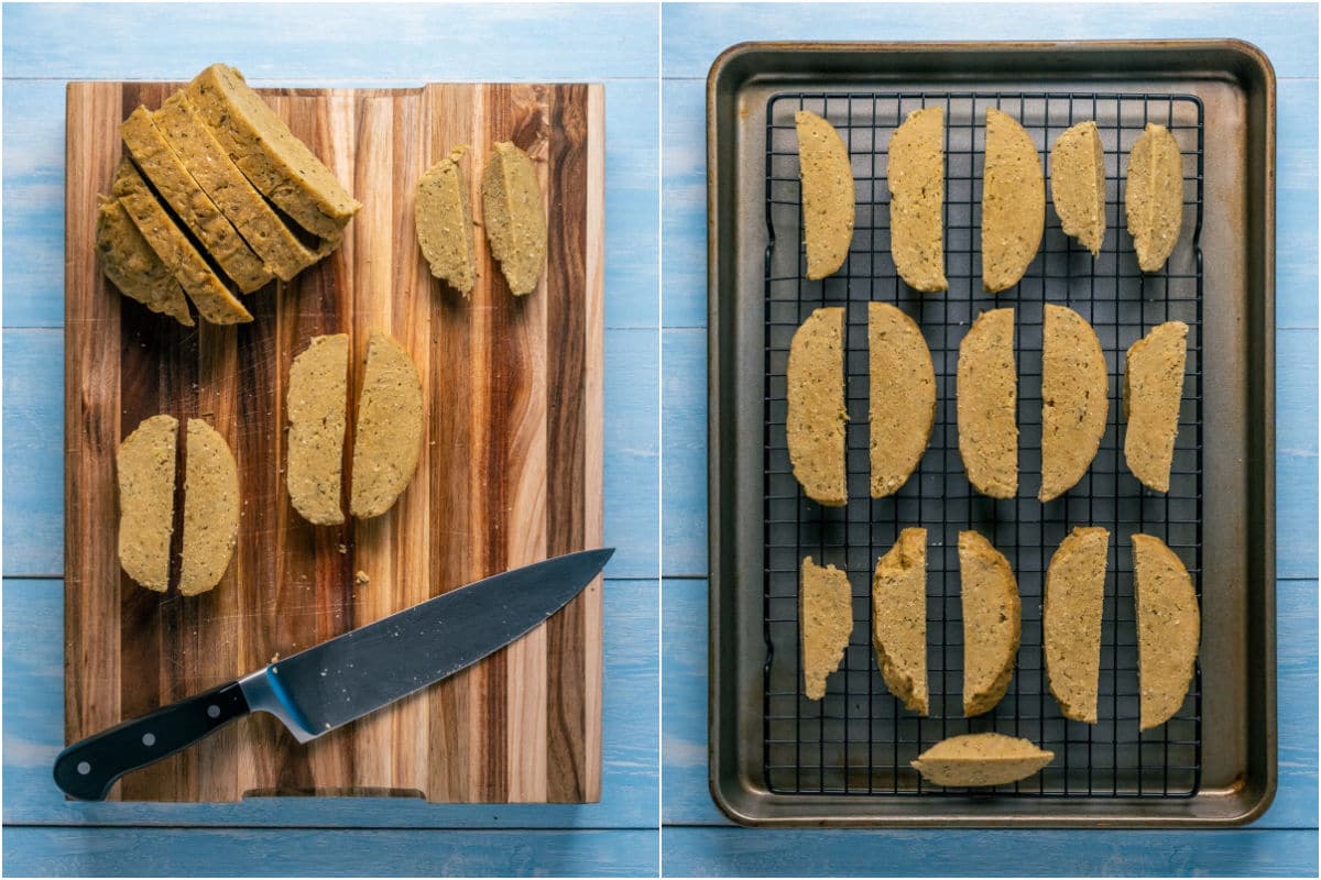 Two photo collage showing sliced seitan on a wooden cutting board and then on a wire rack.
