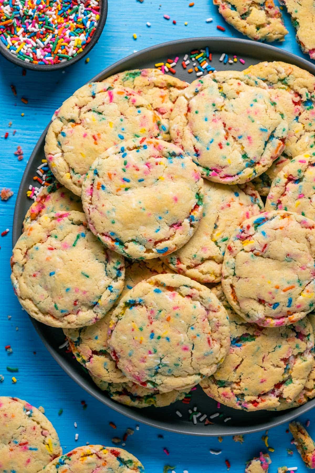 Vegan Funfetti Cookies Stacked on a gray plate