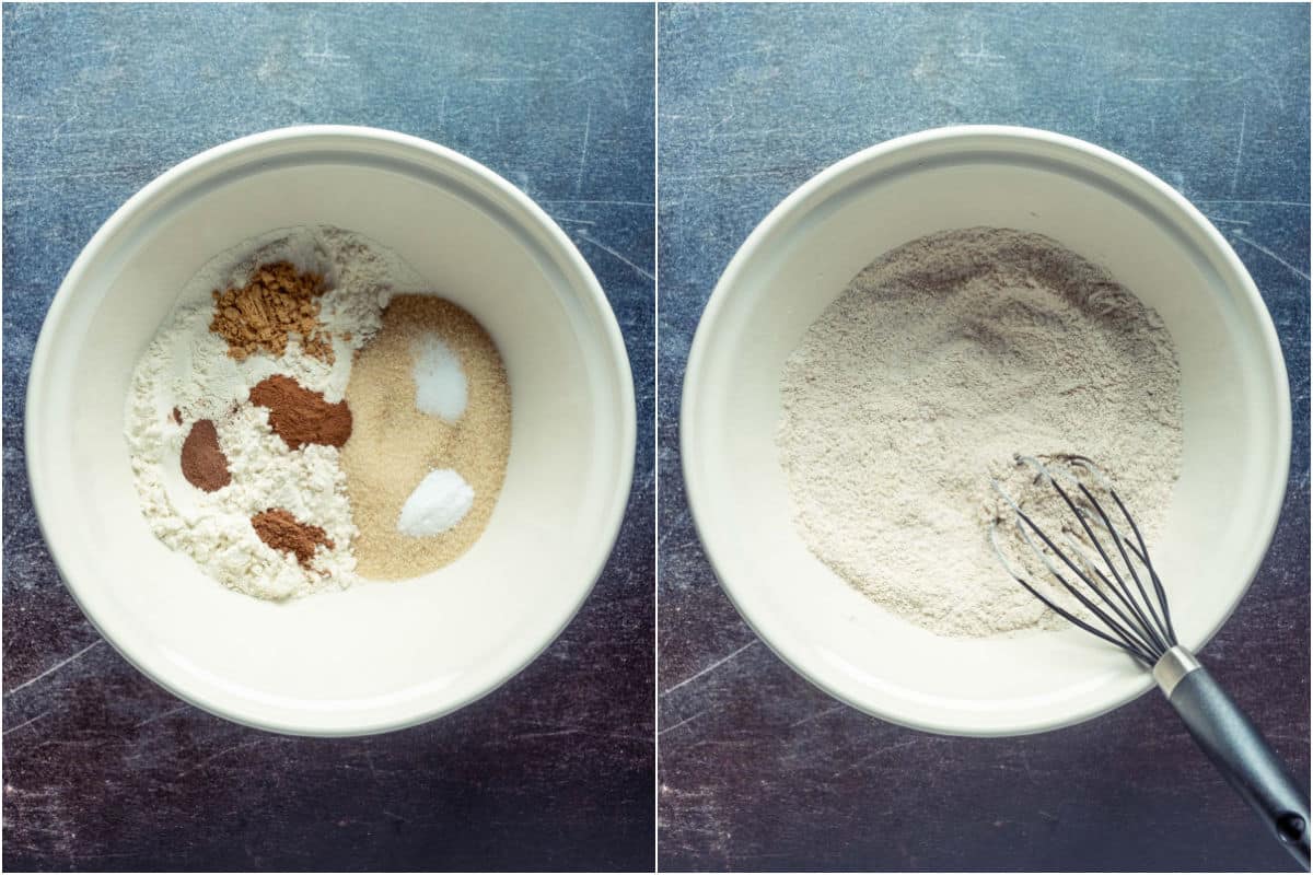 Dry ingredients added to mixing bowl and mixed.