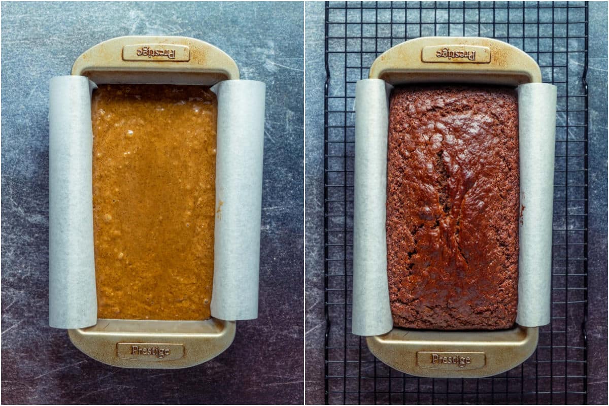 Batter in a loaf pan before and after baking.