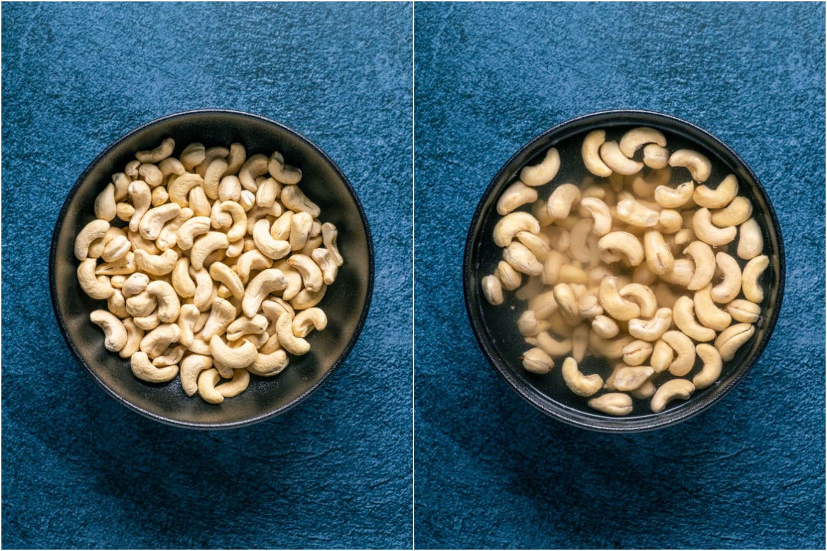 Two photo collage showing cashews added to a bowl and water poured over so that the cashews are submerged.