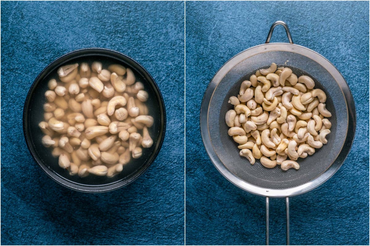 Two photo collage showing the soaked cashews and then drained in a sieve.