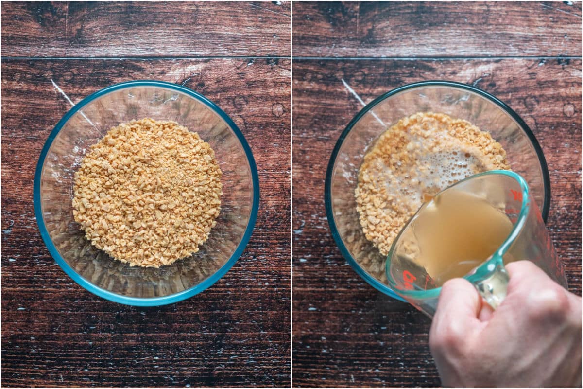 Textured vegetable protein added to a bowl and hot water poured over the top.