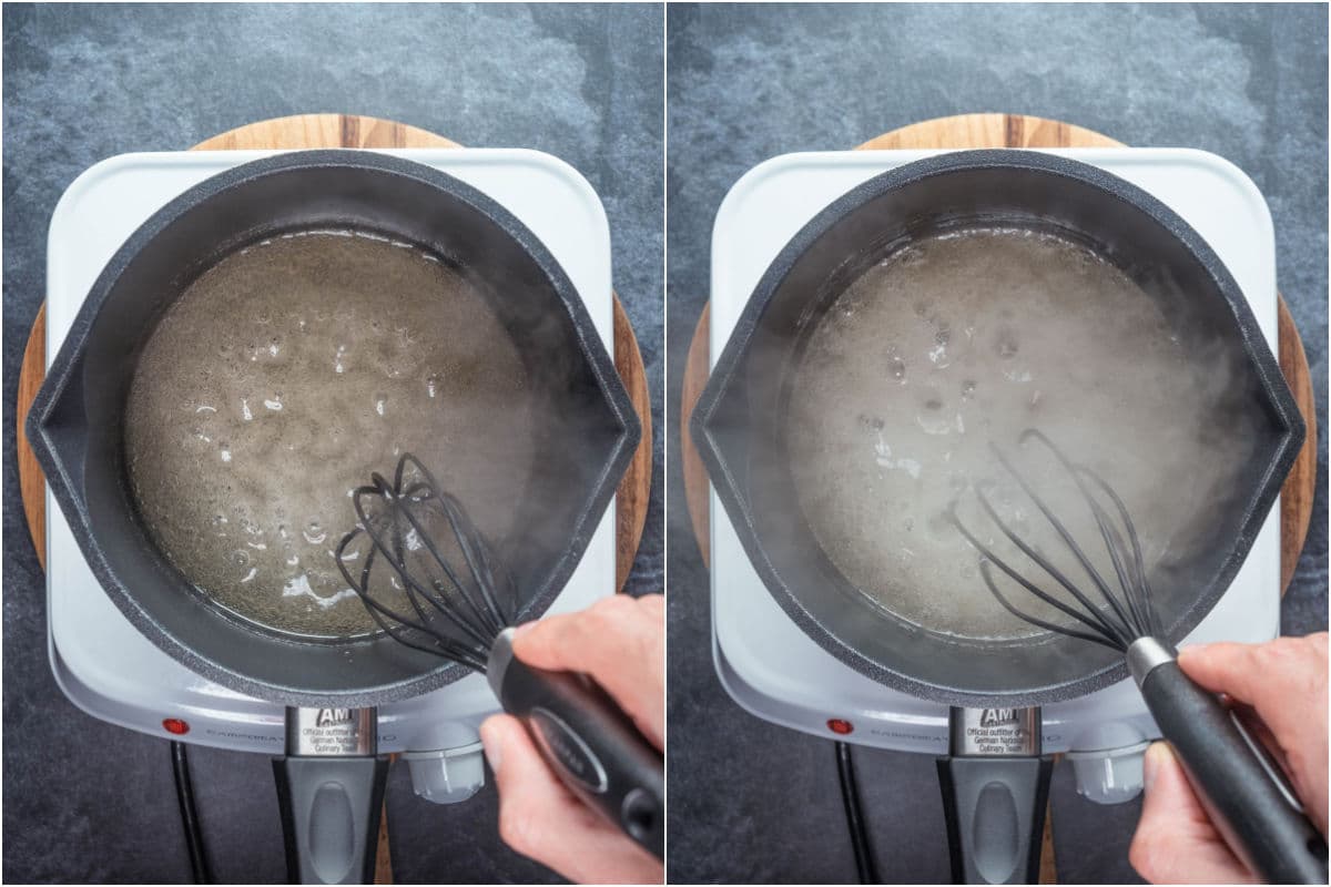 Agar agar powder and water boiling in a saucepan.