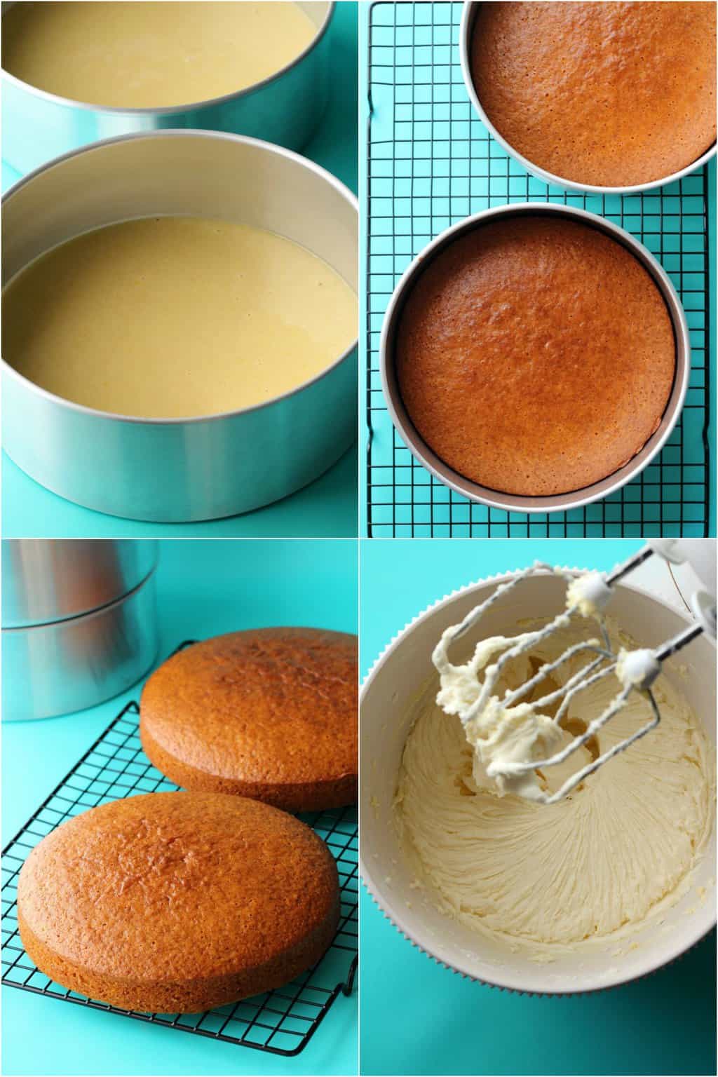 Step by step process photo collage of making a vegan lemon cake. 