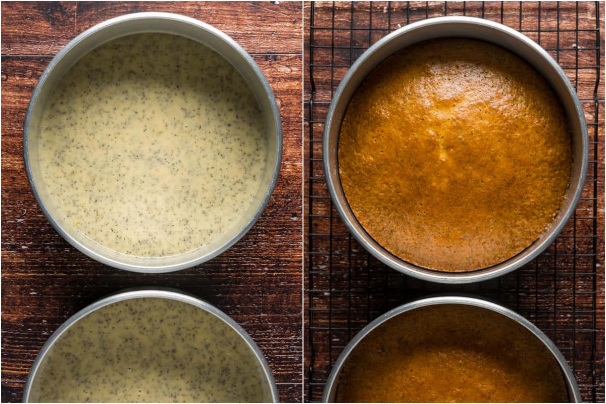 Lemon poppy seed cake in 8-inch cake pans before and after baking.