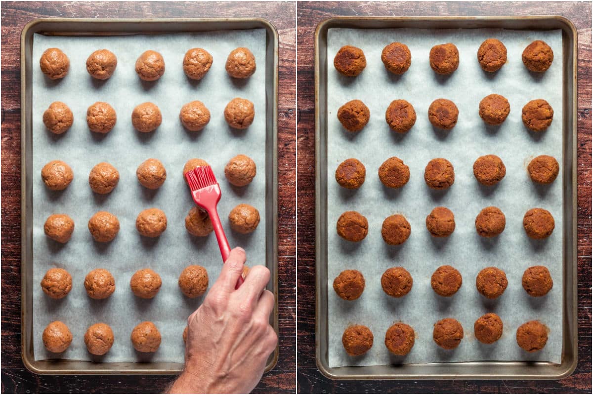 Brushing meatballs with olive oil and then on a parchment lined tray after baking in the oven.