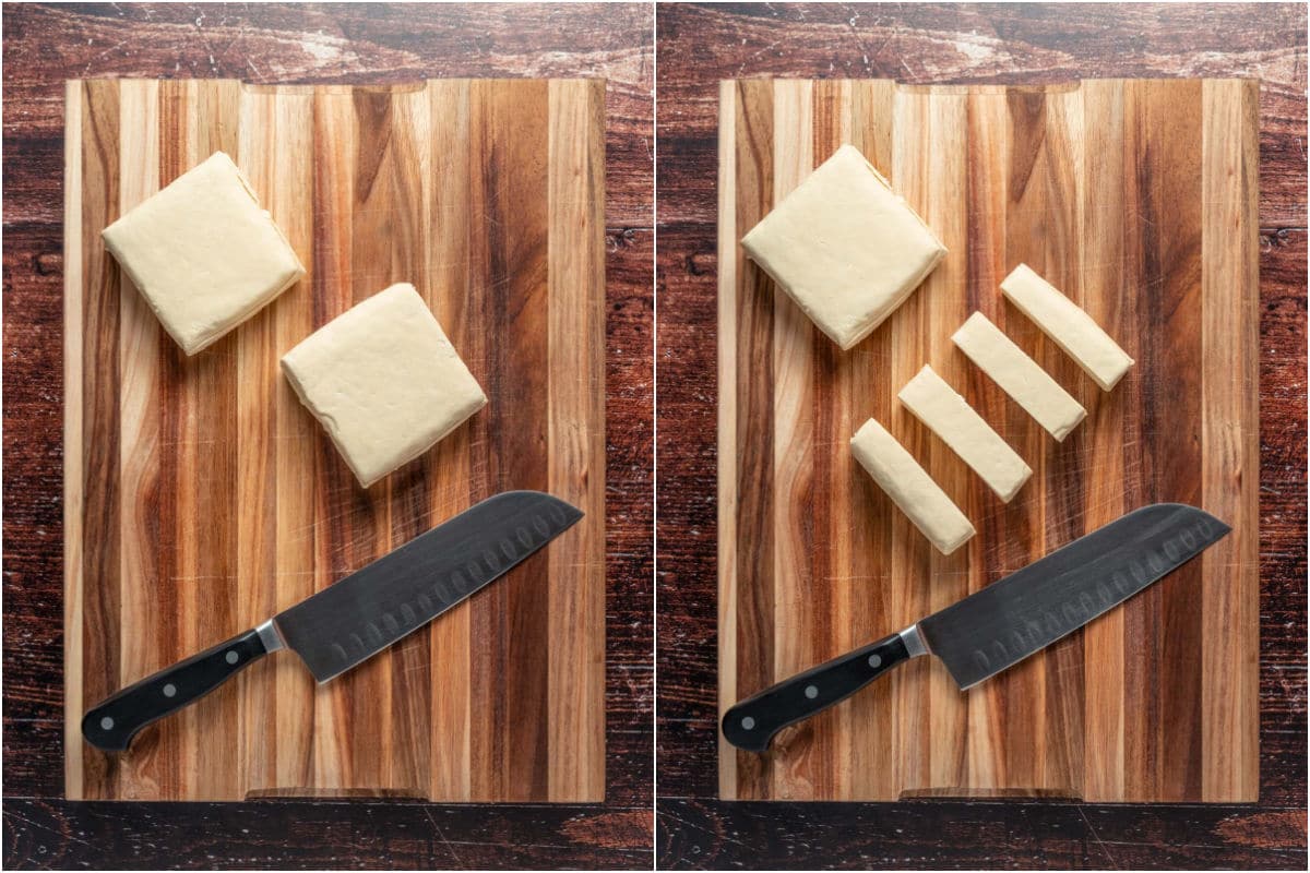 Collage of two photos showing tofu on a wooden cutting board and then cut into strips.