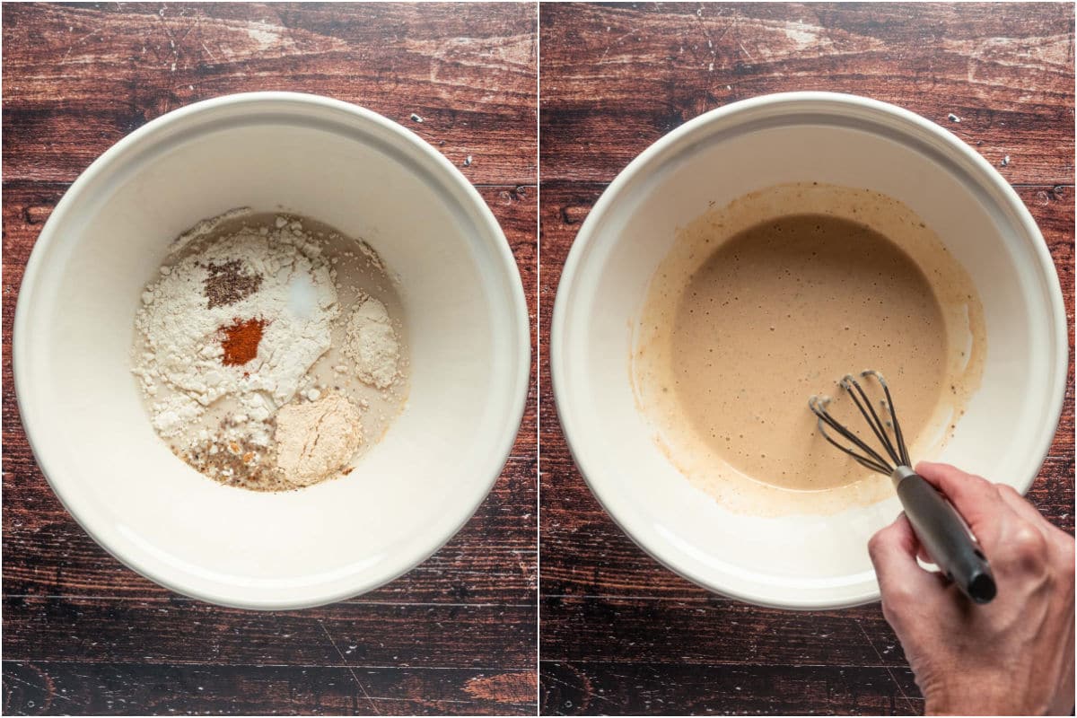 Two photo collage showing ingredients for batter added to mixing bowl and mixed.