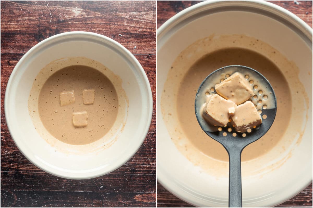 Collage of two photos showing tofu added to batter and coated.