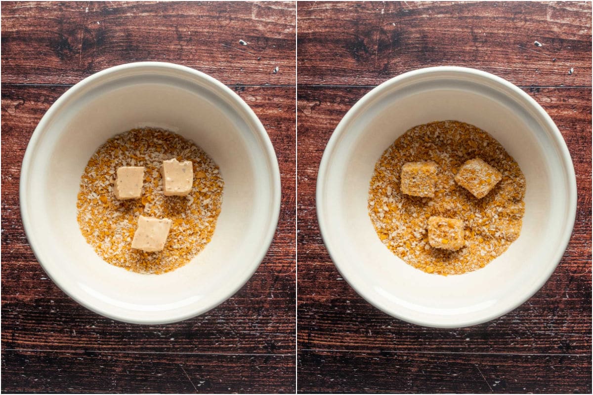 Collage of two photos showing tofu dipped in crumb topping.