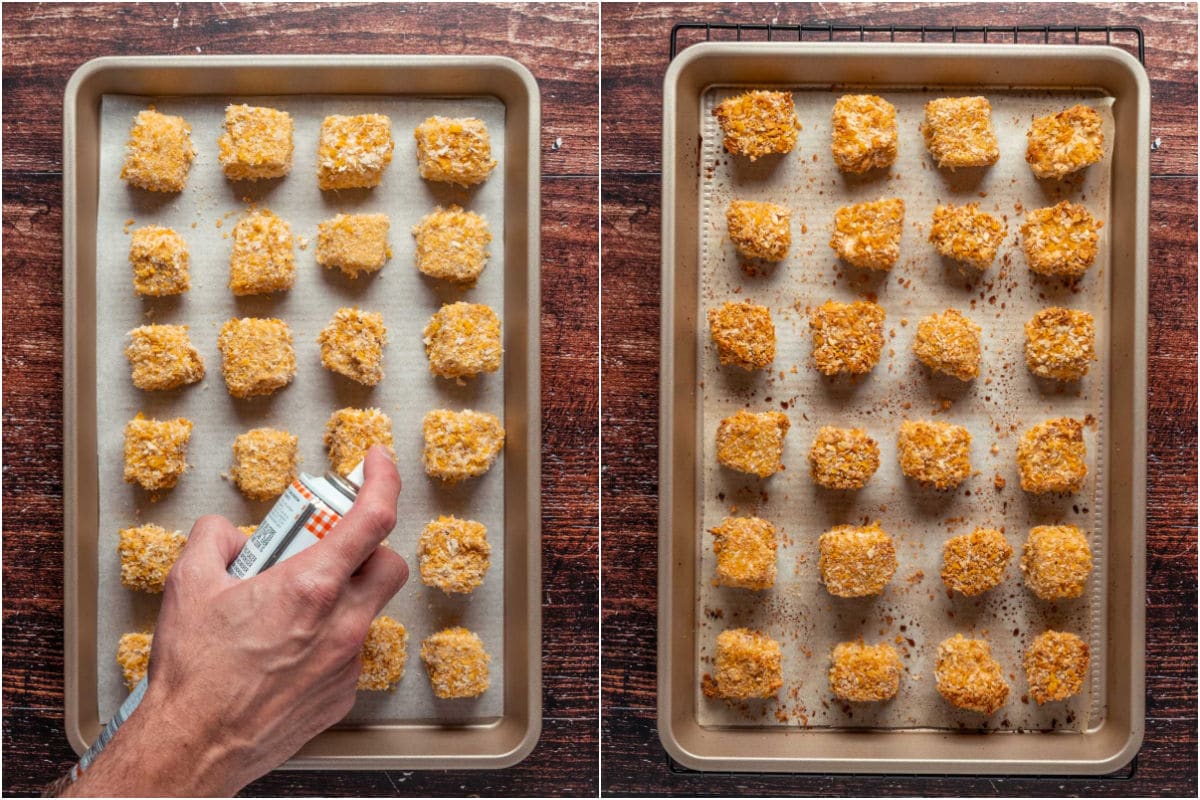 Collage of two photos showing tofu nuggets placed on parchment lined baking tray, sprayed with cooking spray and baked.