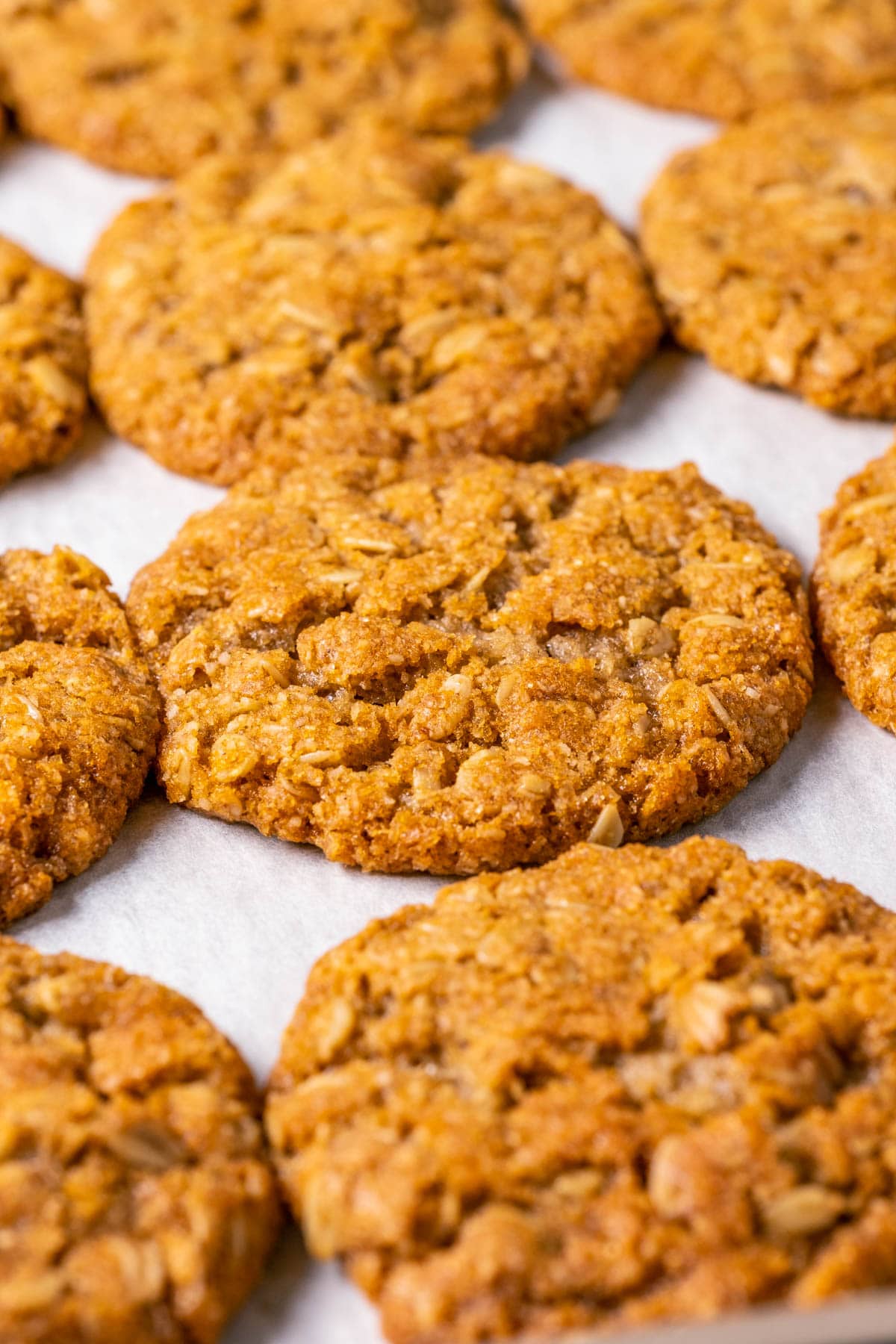 Vegan oatmeal cookies on a parchment lined baking tray.