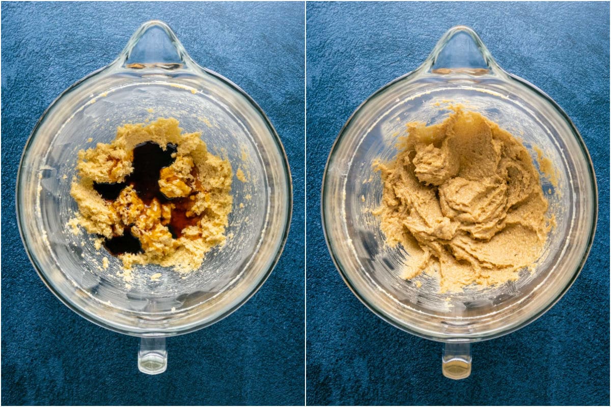 Two photo collage showing maple syrup and vanilla added to creamed butter and sugar and mixed in.
