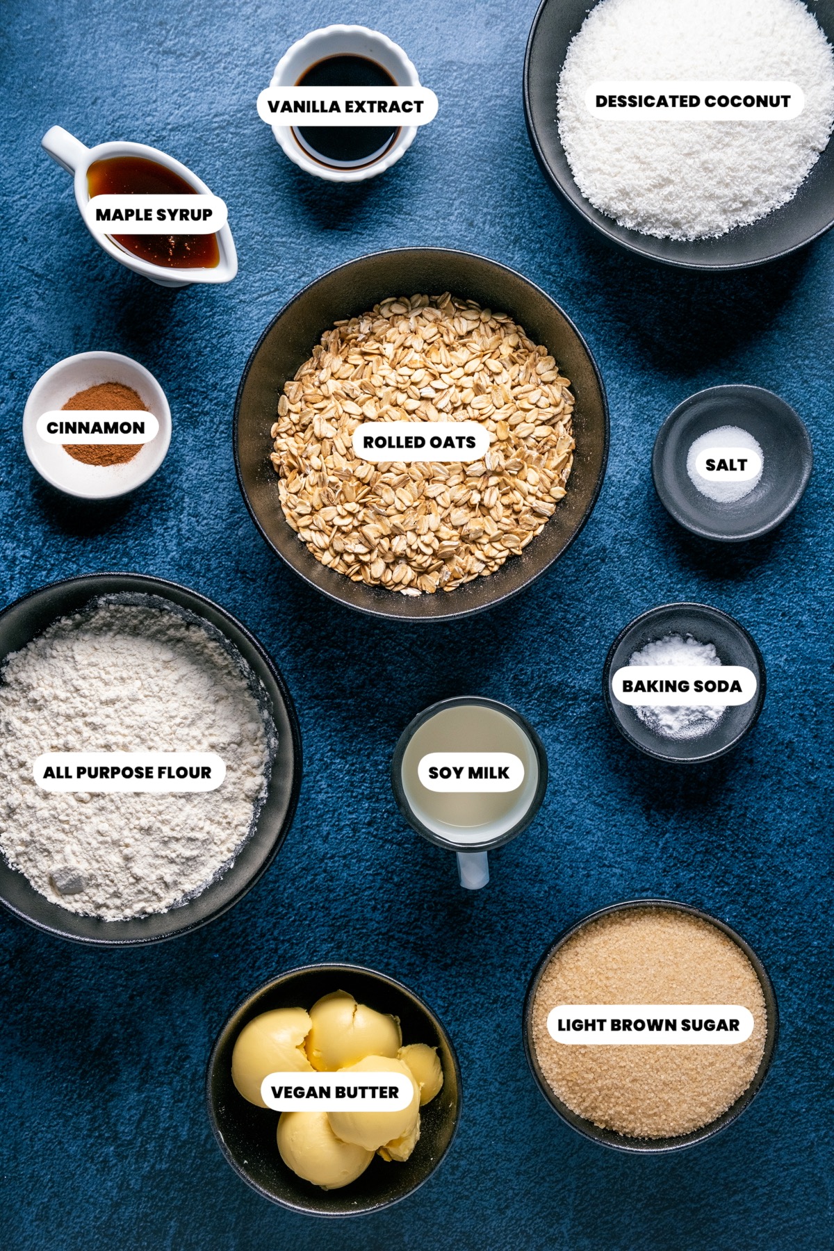 Photo of the ingredients needed to make vegan oatmeal cookies.