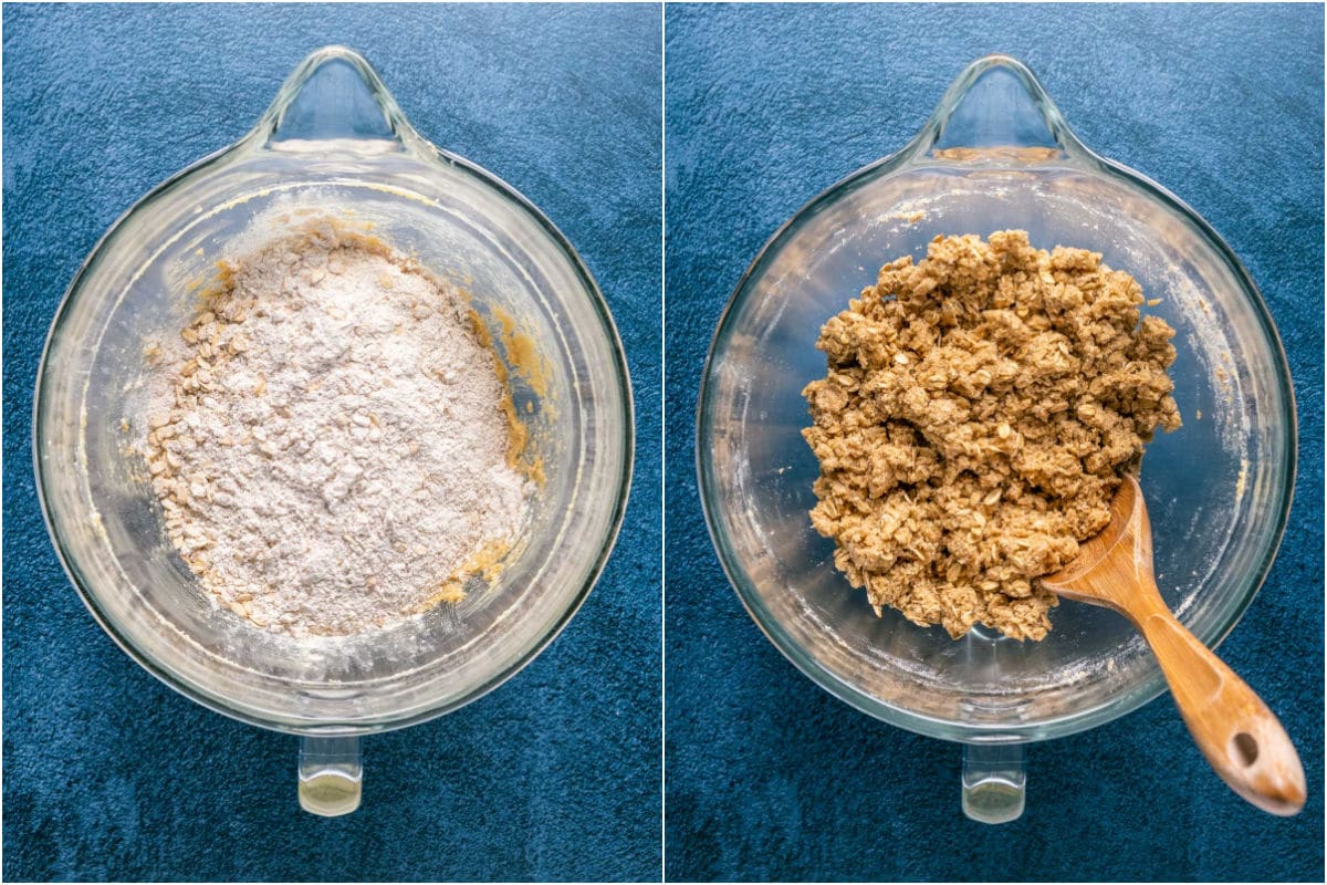 Two photo collage showing dry ingredients added to wet and mixed into a crumbly cookie dough.