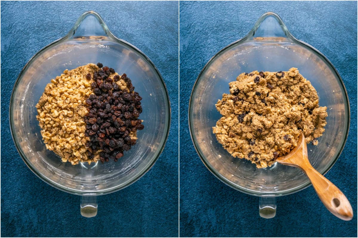 Two photo collage showing raisins and chopped walnuts added to cookie dough and mixed in.