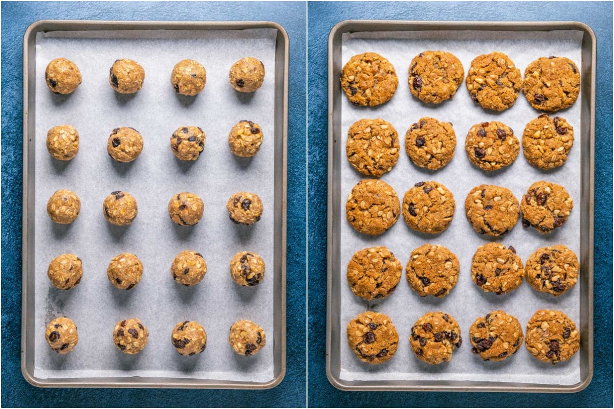 Two photo collage showing oatmeal raisin cookies before and after baking.