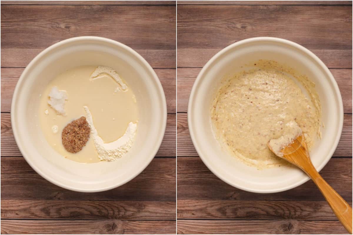 Two photo collage showing wet ingredients added to mixing bowl and mixed in.