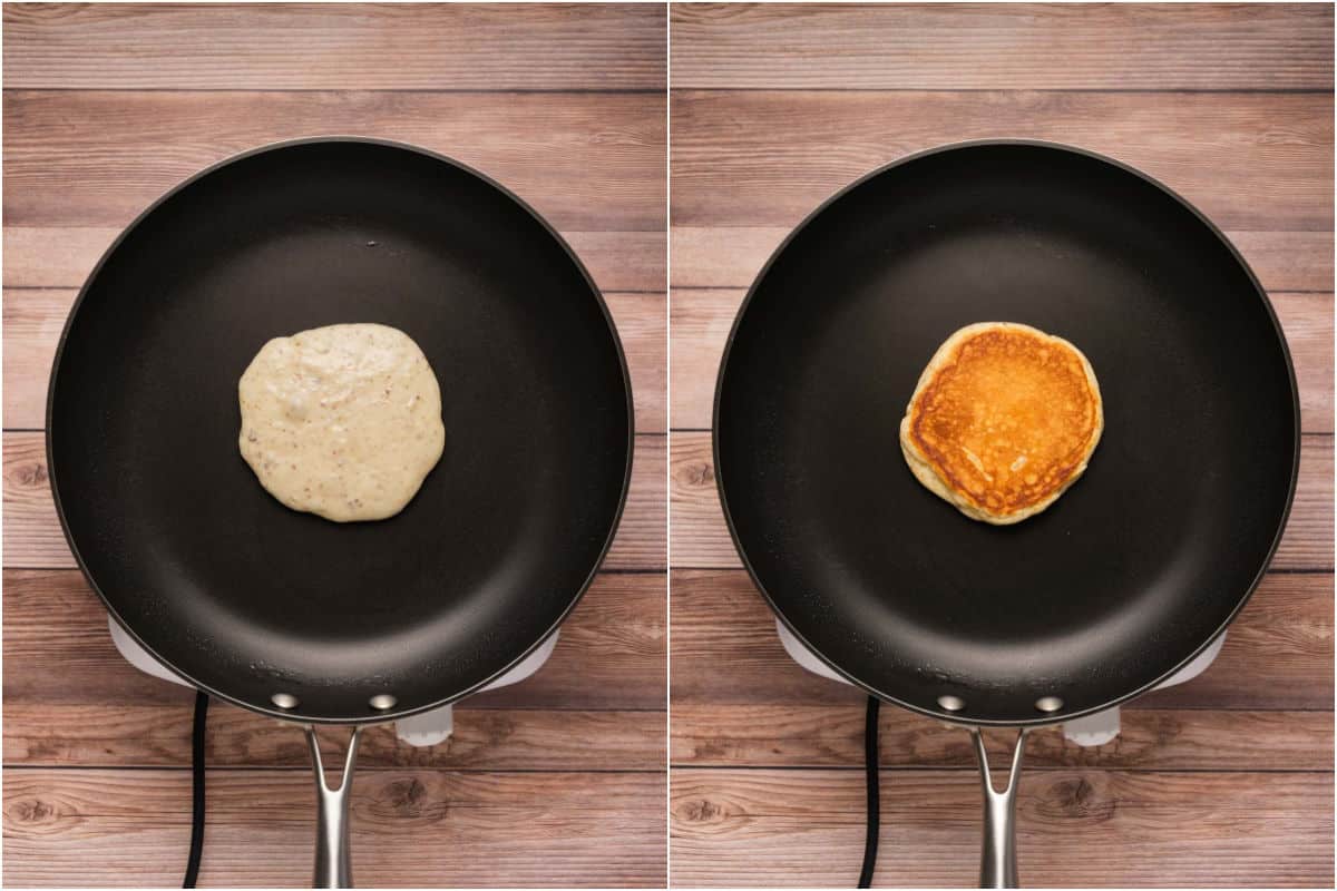 Two photo collage showing pancake batter added to frying pan and then flipped.