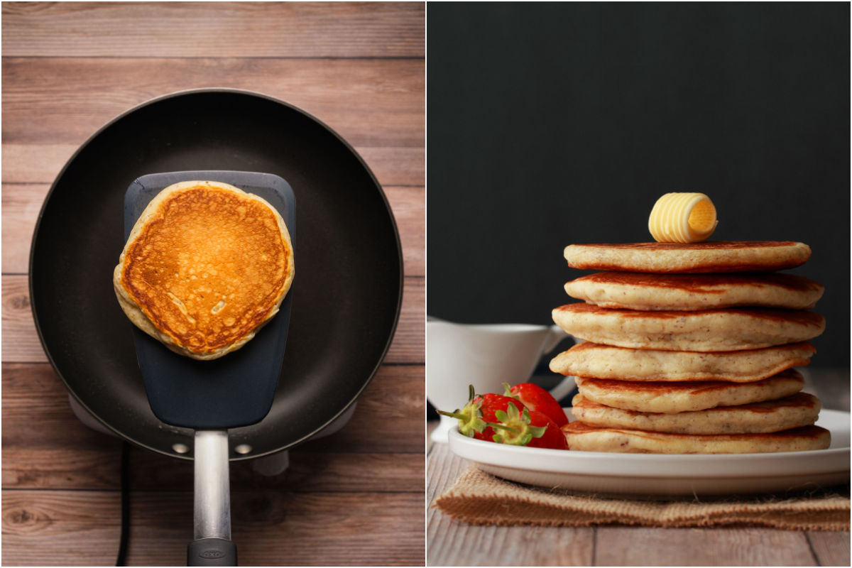 Two photo collage showing a cooked pancake lifted on a spatula and then a stack of pancakes on a plate.