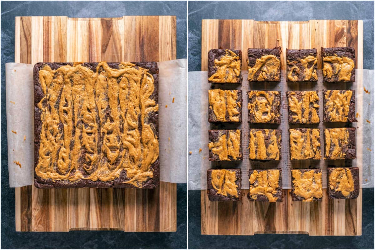 Brownies placed onto wooden board and cut into squares.