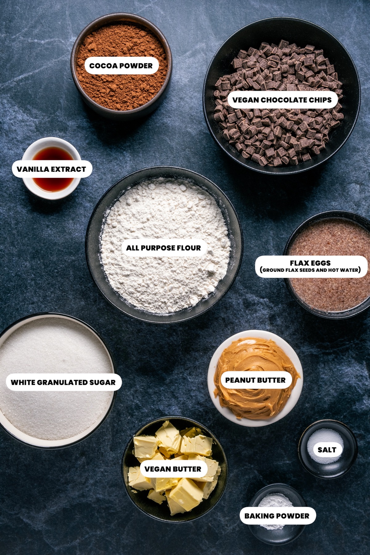 Ingredients for vegan peanut butter brownies.