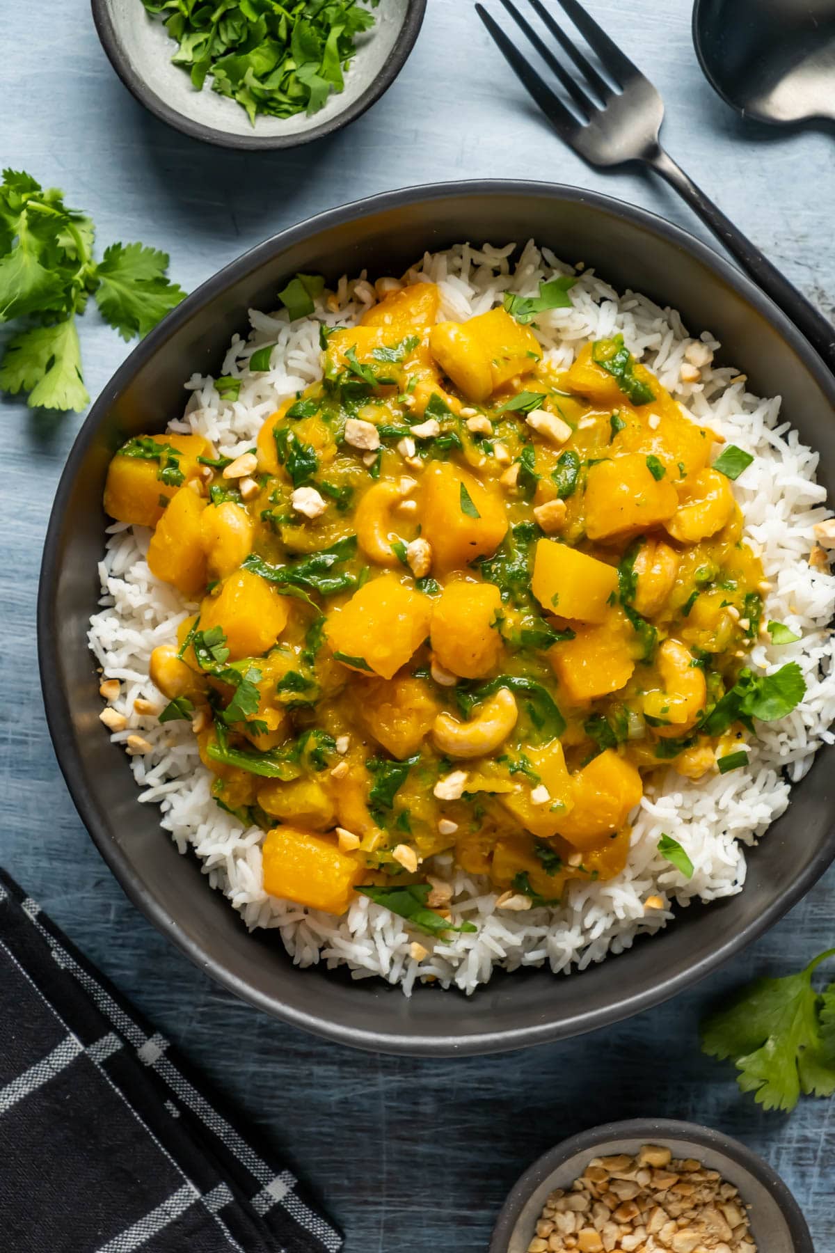 Vegan pumpkin curry with rice in a black bowl. 