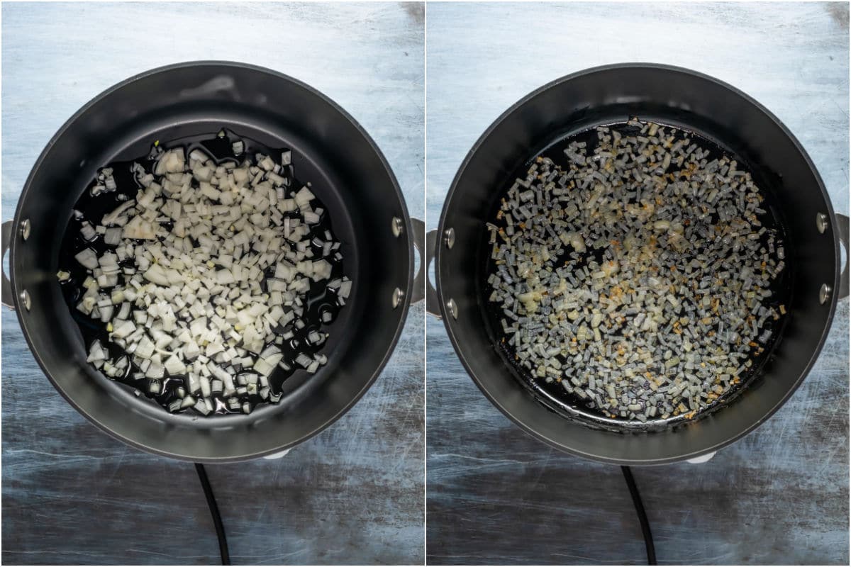 Two photo collage showing chopped onion and sesame oil added to pot and sautéed.