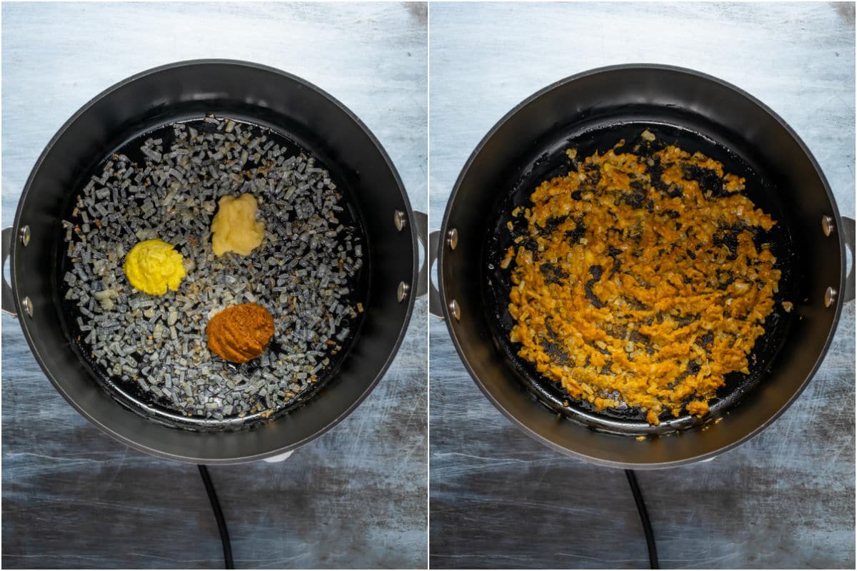 Two photo collage showing crushed garlic, ginger and red curry paste added to pot and sautéed.
