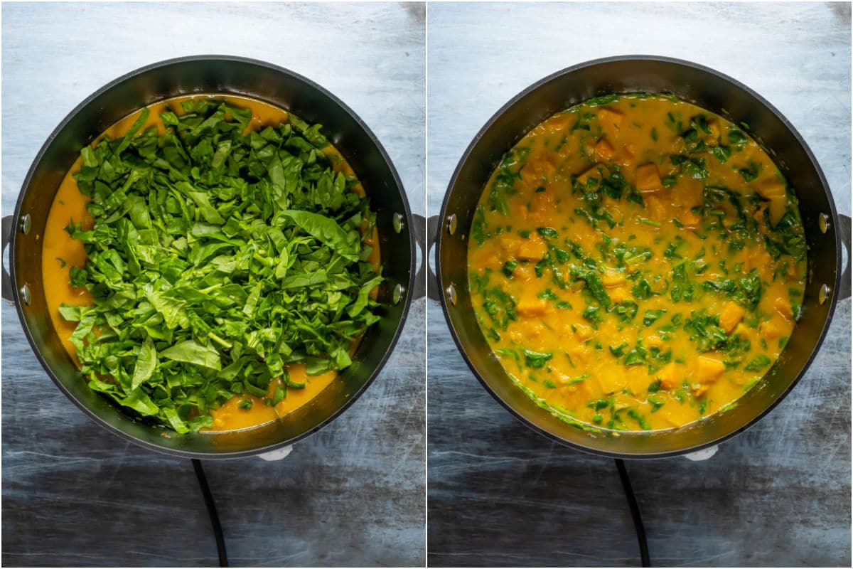 Two photo collage showing chopped spinach added to pot and mixed in.