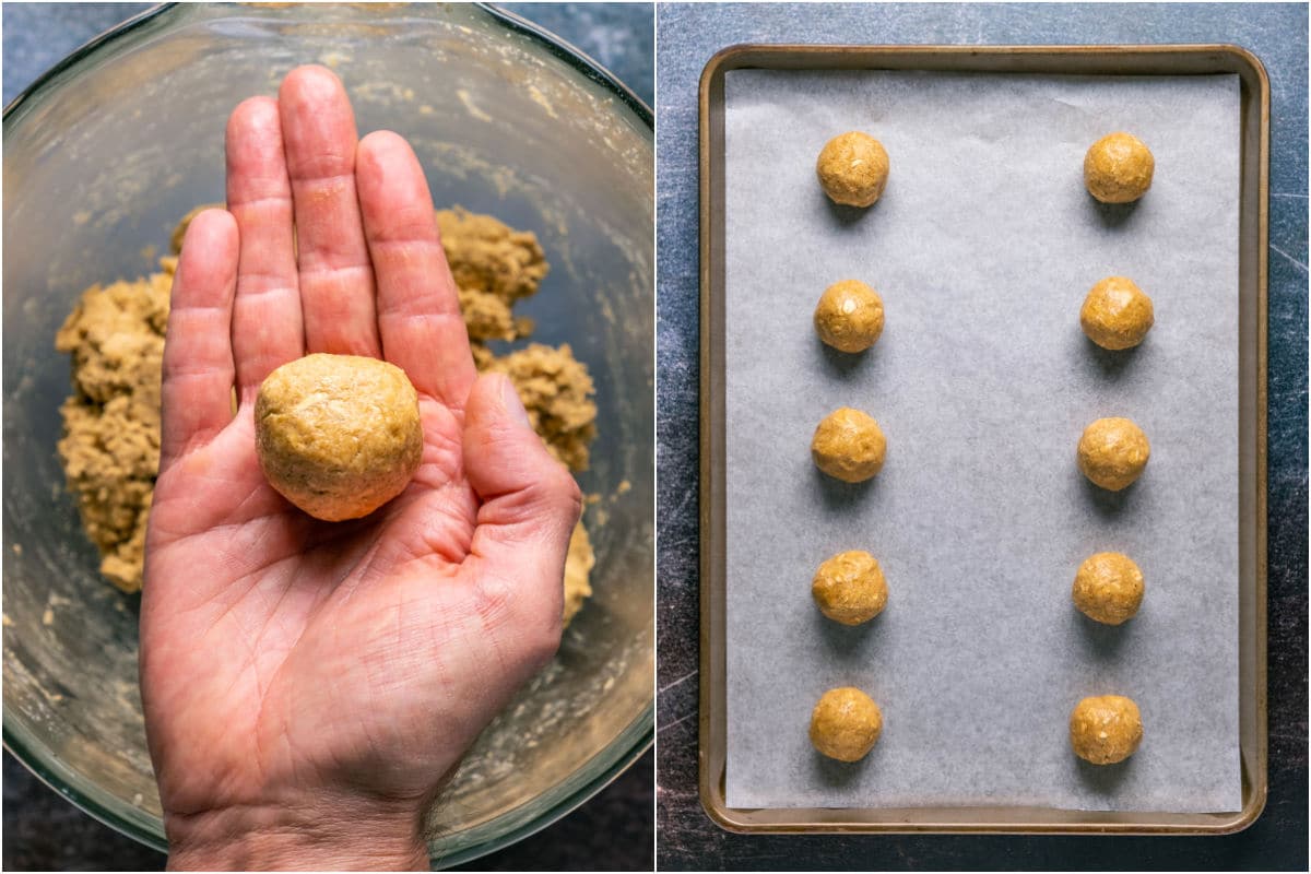 Cookie dough rolled into balls and placed onto parchment lined baking sheet.