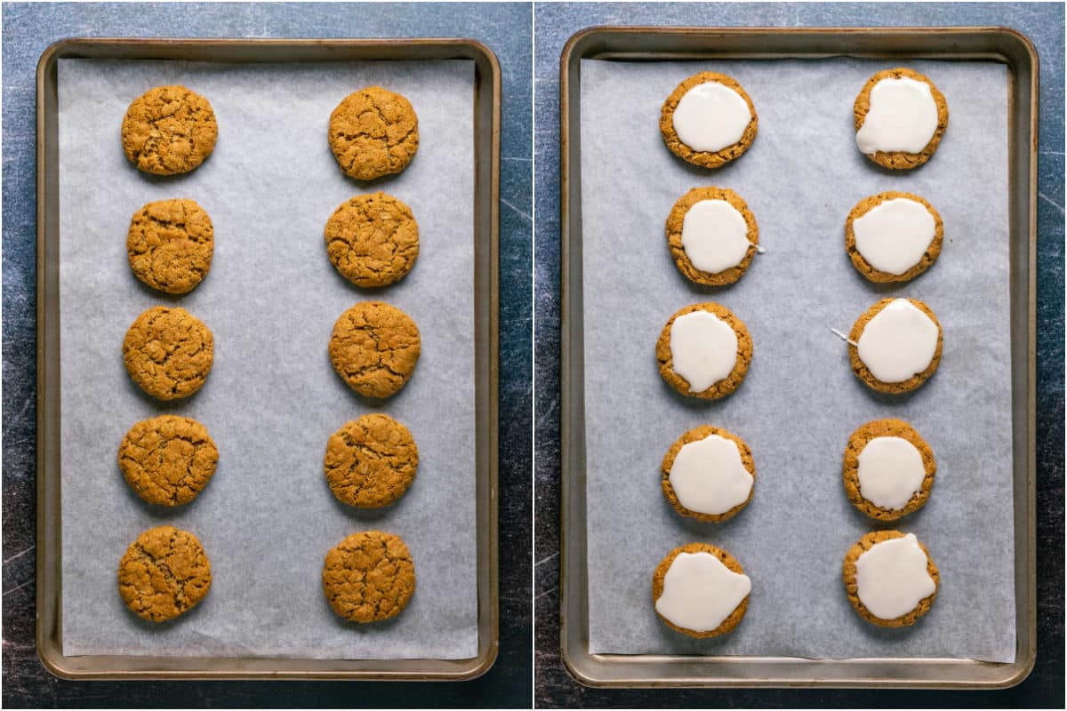 Baked cookies on a tray and then frosted.